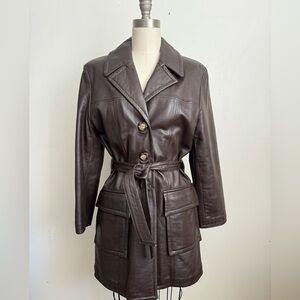 Gorgeous Vintage Brown Leather Trench Coat Jacket L